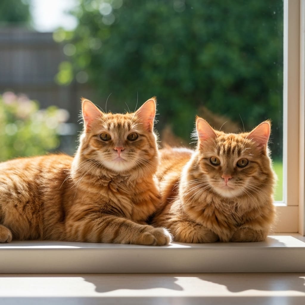 Dos gatos amarillos cerca de una ventana