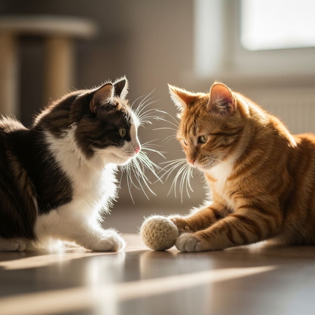 Dos gatos jugando con una pelota de lana