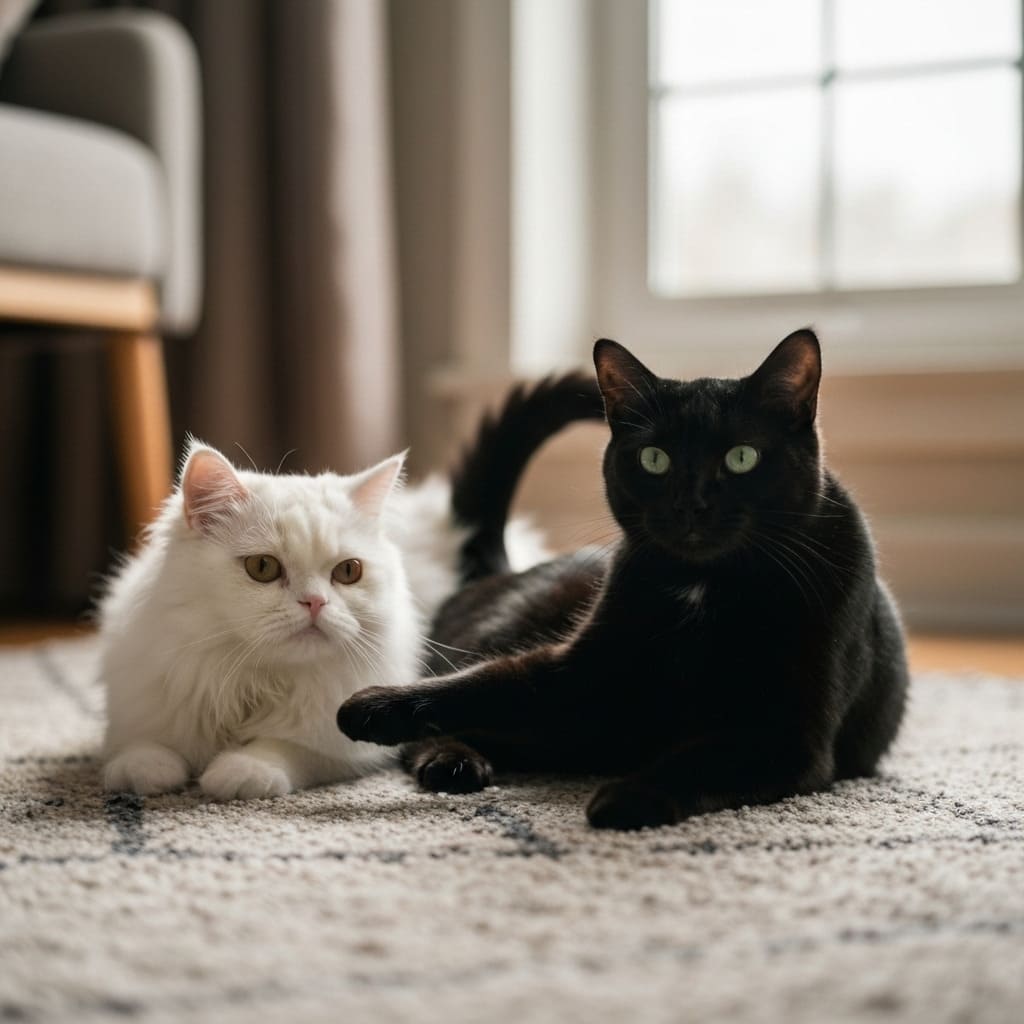 Un gato blanco y uno negro acostados en un tapete