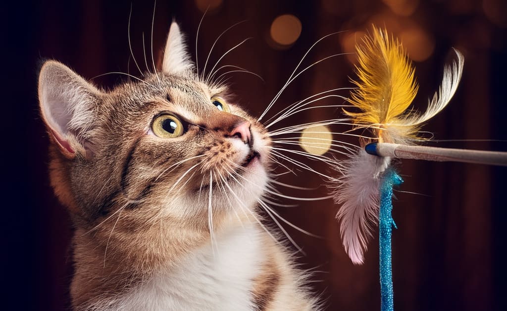 Gato jugando con una varita con plumas