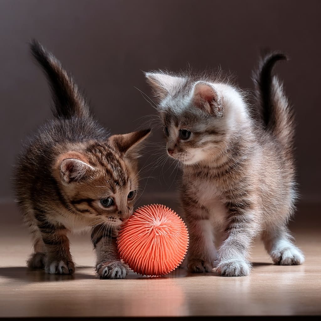 Dos gatos bebes jugando con una pelota