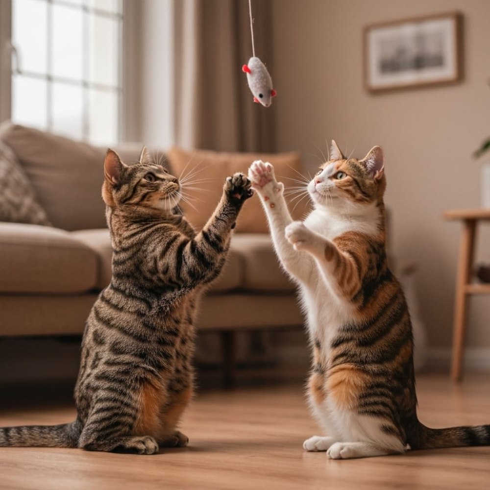 Dos gatos jugando con un ratón de juguete