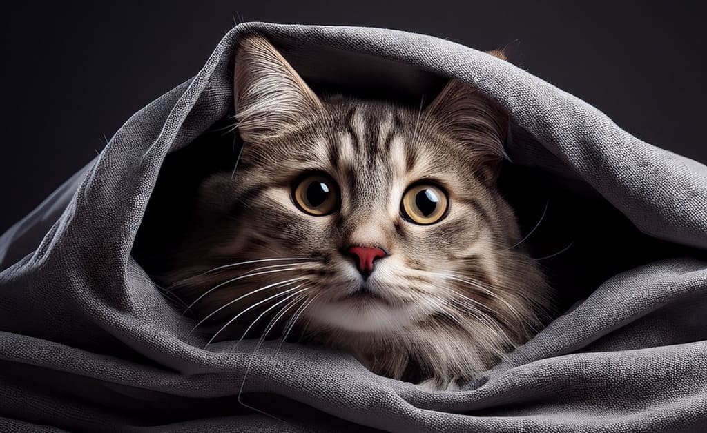 Gato gris escondido en una cobija