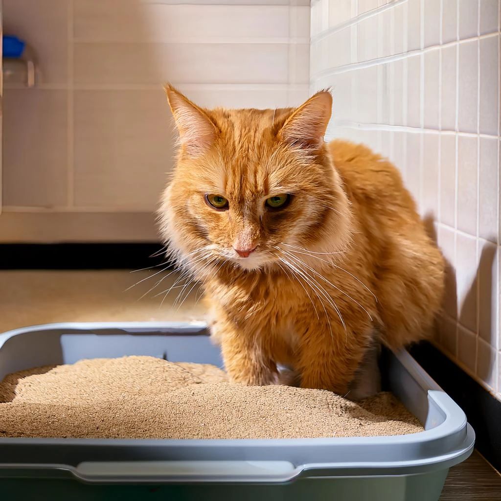 Gato naranja intentando usar el arenero