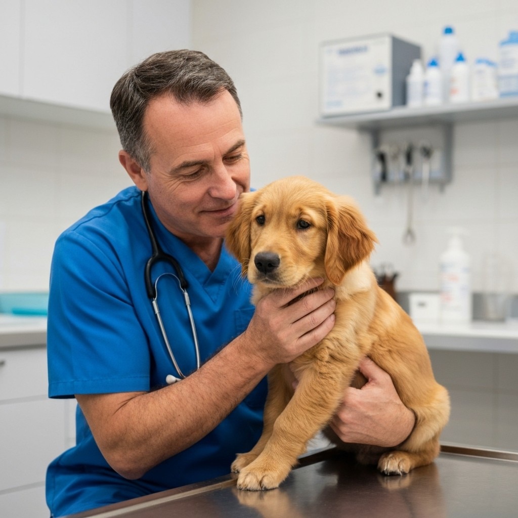 Un veterinario examinando un cachorro de Golden Retriever