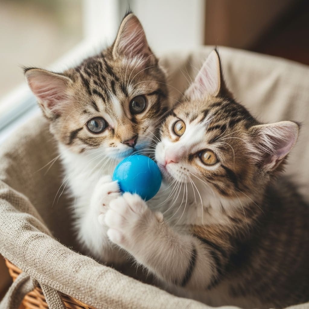Dos gatos bebes jugando con una pelota