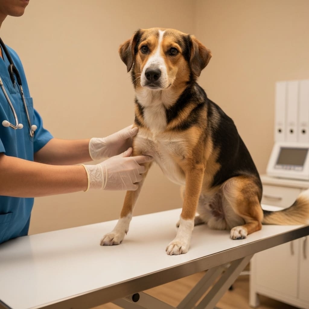 Un veterinario con guantes blancos examinando la pata de un perro tricolor en una mesa de clínica.
