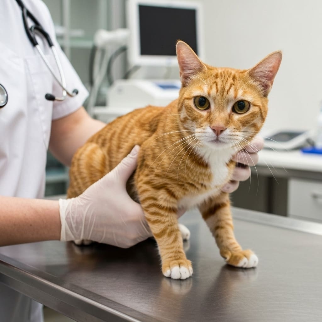 Un veterinario con guantes blancos sosteniendo un gato naranja en una mesa de acero inoxidable.