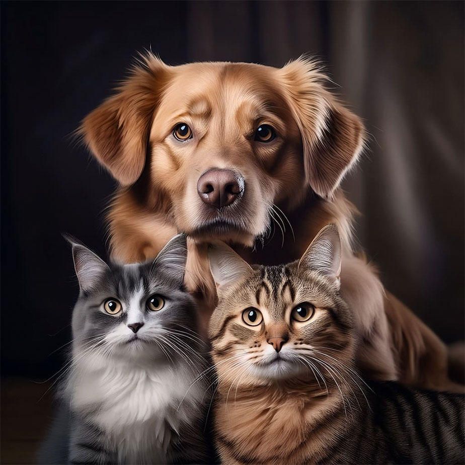 Dos gatos y un perro