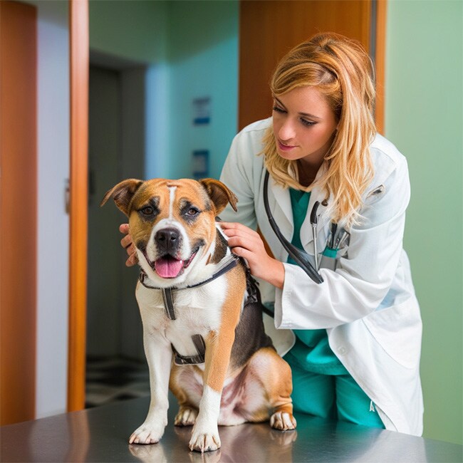 Perro siendo revisado por veterinaria